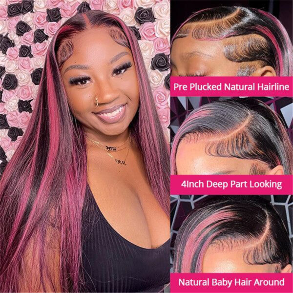 Purple Highlights Straight 13x4 Transparent Lace Front Wig - Image 4